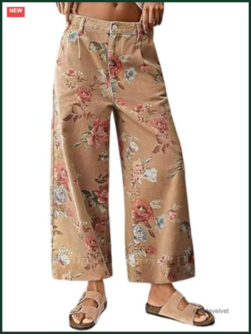 Women's Mid Rise Cropped Wide Leg Jeans Floral Baggy Ankle Denim Capri Boho